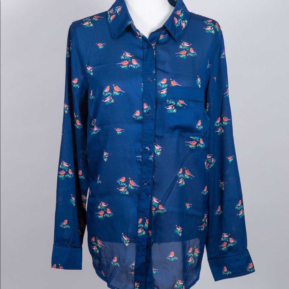 Blue button down bird print blouse.